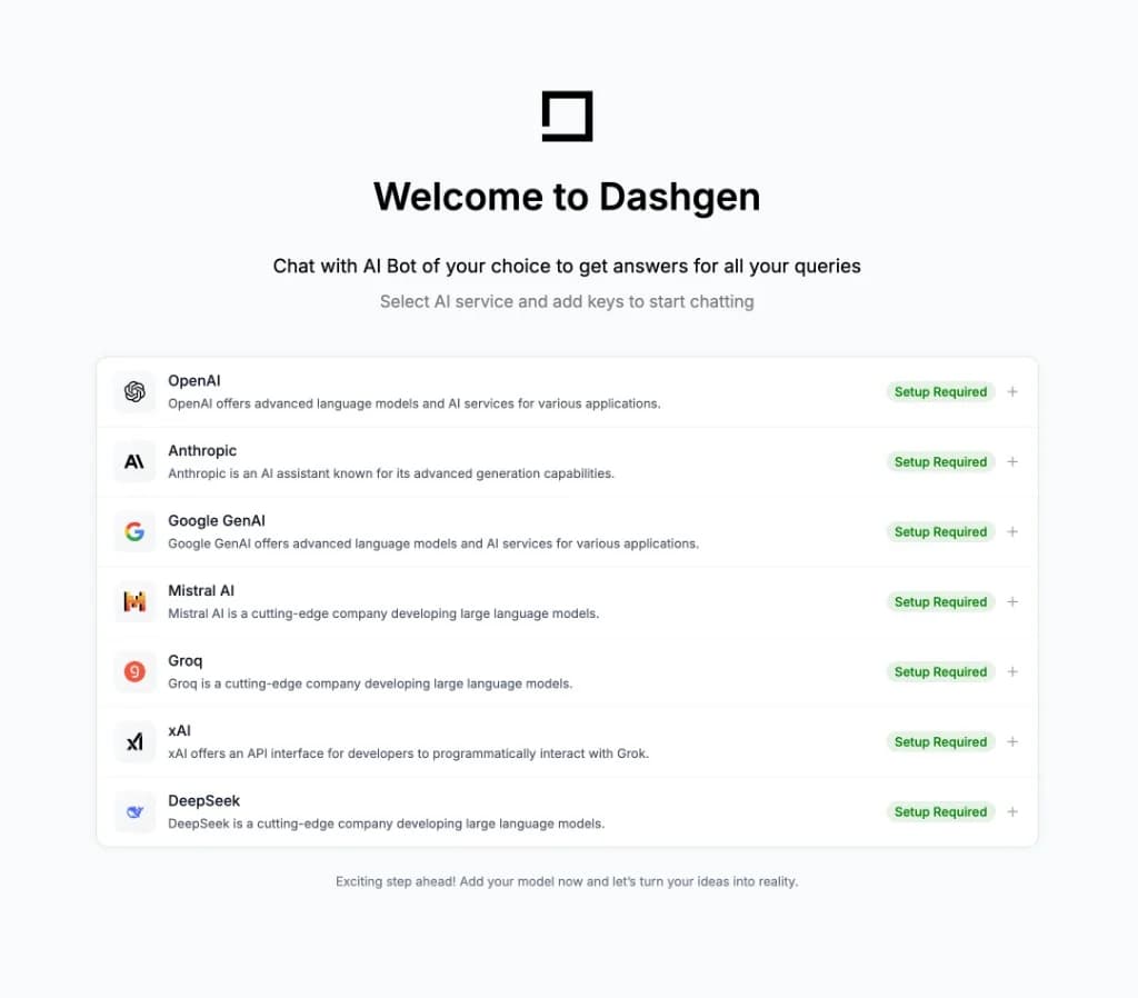 Dashgen onboarding — select AI service and add API keys